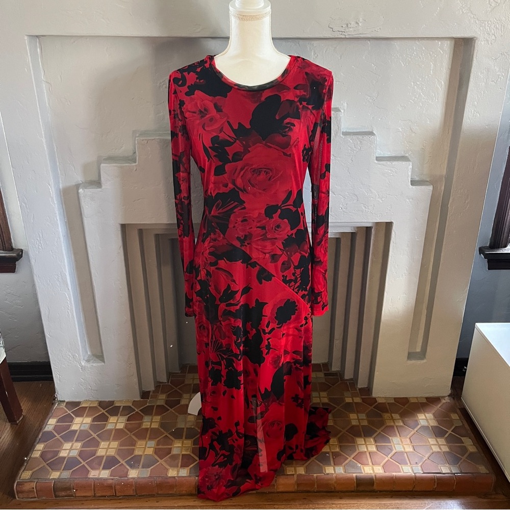 Connected Apparel Red and Black Floral Dress